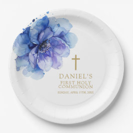 Elegant Blue Watercolor Floral Heilige Kommunion Pappteller