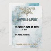 Elegant Blue Watercolor & Gold Wedding Invitation Einladung (Vorne/Hinten)
