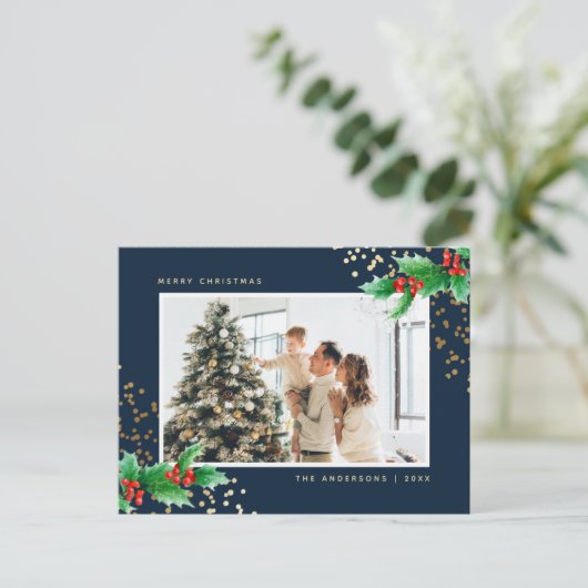 Elegant Blue Watercolor Holly Foto Weihnachten (Stehend Vorderseite)