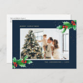 Elegant Blue Watercolor Holly Foto Weihnachten (Vorne/Hinten)