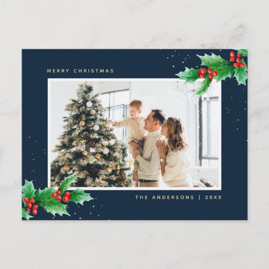 Elegant Blue Watercolor Holly Foto Weihnachten (Vorderseite)