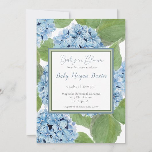 Elegant Blue Watercolor Hydrangea Baby Shower Einladung (Vorderseite)