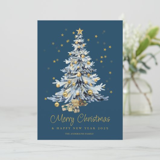 Elegant Blue Watercolor Tree Weihnachten (Stehend Vorderseite)