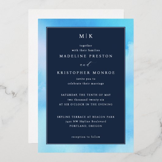 Elegant Blue Watercolor Wedding Invitation Folieneinladung (Vorderseite/Rückseite)