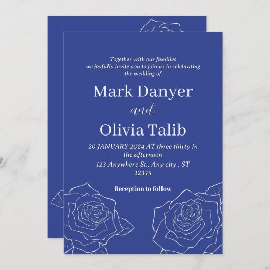 Elegant Blue Wedding Einladung | Modern (Vorne/Hinten)