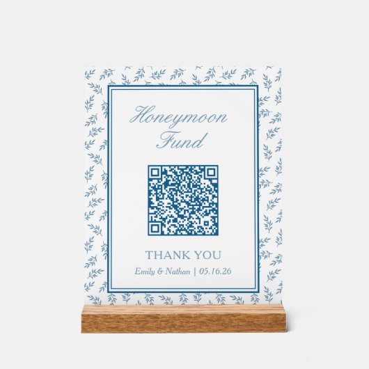 Elegant Blue Wedding Honeymoon Fund QR Code Card Acrylschild (Vorderseite)