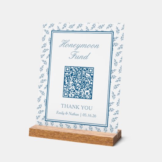 Elegant Blue Wedding Honeymoon Fund QR Code Card Acrylschild (Winkel)