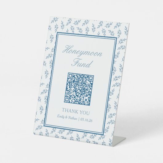 Elegant Blue Wedding Honeymoon Fund QR Code Card Sockelschild (Vorderseite)