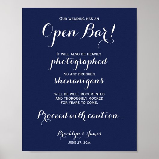 Elegant Blue Wedding Open Bar Sign 8x10 Poster (Vorne)