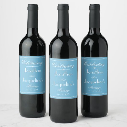 Elegant Blue Wedding Personalisiert Names Date Chi Weinetikett (Flaschen)