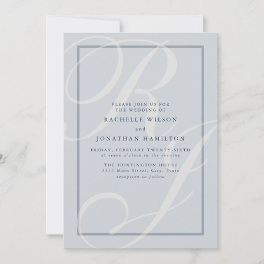 Elegant Blue Wedding Script Monogram Einladung (Vorderseite)