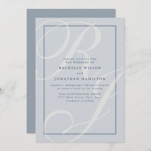 Elegant Blue Wedding Script Monogram Einladung (Vorne/Hinten)