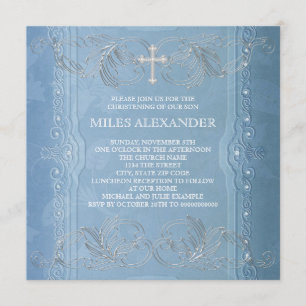 Elegant Blue White Baby Boy Christening Einladung