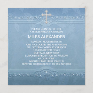 Elegant Blue White Baby Boy Christening Einladung