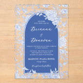Elegant Blue & White Botanical Bird Wedding Acryleinladungen (Vorderseite)