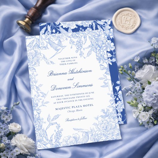 Elegant Blue & White Botanical Bird Wedding Einladung