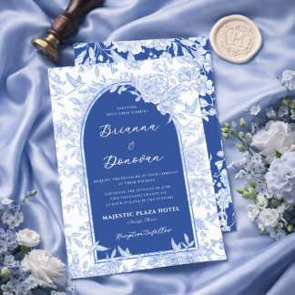 Elegant Blue & White Botanical Bird Wedding Einladung