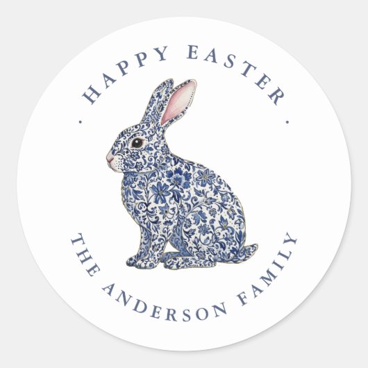 Elegant Blue & White Bunny Happy Easter Label  Runder Aufkleber (Vorderseite)