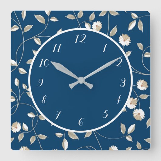 Elegant Blue White Daisies Feminine Blume Floral Quadratische Wanduhr (Vorderseite)