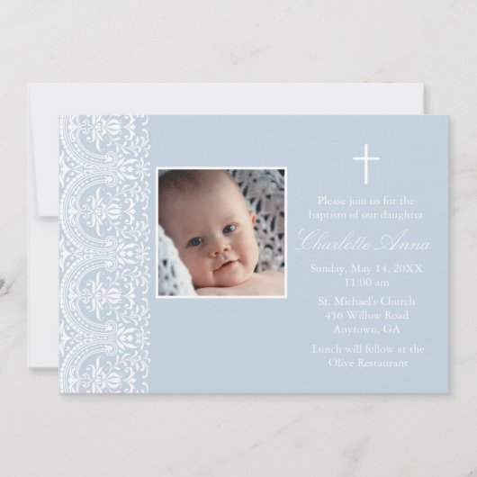 Elegant Blue & White Damask Taufen Einladung (Vorderseite)
