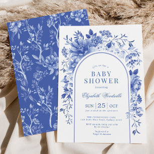 Elegant Blue White Floral Chinoiserie Babydusche Einladung