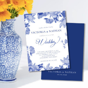 Elegant Blue White Floral Chinoiserie Hochzeit Einladung