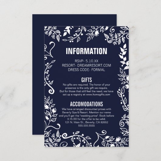 Elegant Blue White Floral Hochzeitsinformationen Begleitkarte (Vorne/Hinten)