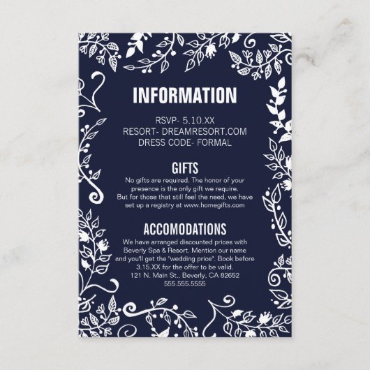 Elegant Blue White Floral Hochzeitsinformationen Begleitkarte (Vorderseite)