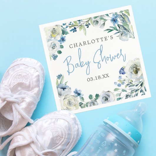 Elegant Blue White Floral Spring Boy Baby Dusche Serviette