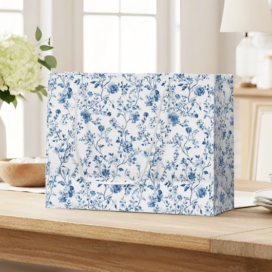Elegant Blue & White Floral Toile Botanical Große Geschenktüte