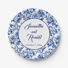 Elegant Blue White Floral Toile Hochzeit Pappteller
