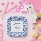 Elegant Blue White Floral Toile Hochzeit Pappteller (Party)