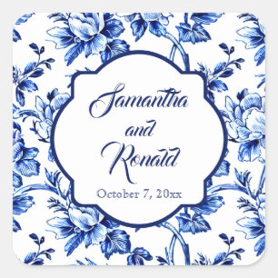 Elegant Blue White Floral Toile Hochzeit Quadratischer Aufkleber