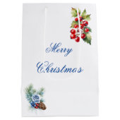 Elegant Blue White Holly Berries Frohe Weihnachten Mittlere Geschenktüte (Rückseite)