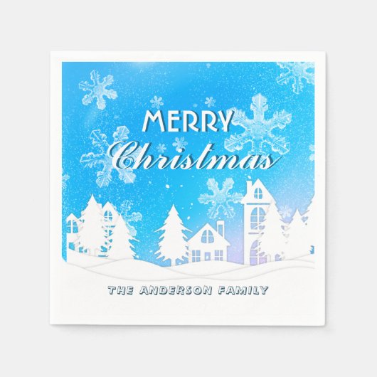 Elegant Blue White House Snowflakes Merry Xmas Serviette (Vorderseite)