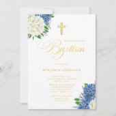 Elegant Blue White Hydrangeas Gold Cross Taufe Einladung (Vorderseite)