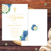 Elegant Blue White Hydrangeas Gold Cross Taufe Einladung