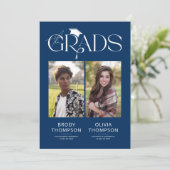 Elegant Blue & White Joint Graduation Party Photo Einladung (Stehend Vorderseite)