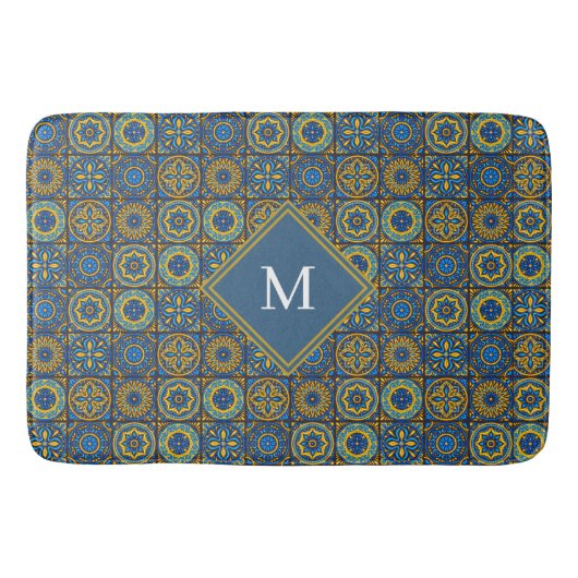 Elegant blue& white Moroccan custom monogram Badematte (Vorderseite)