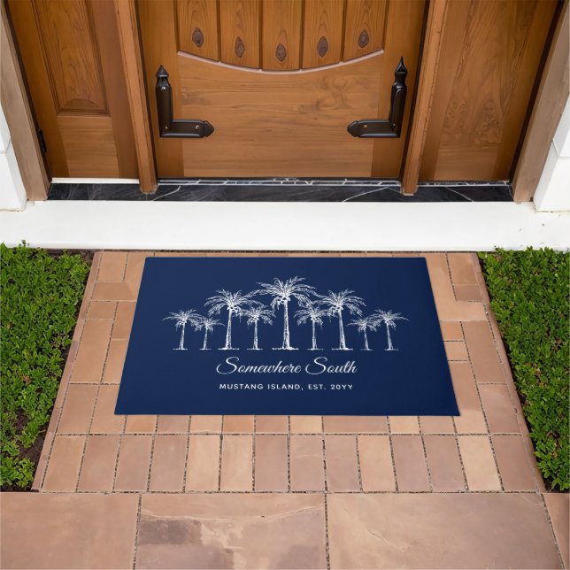 Elegant Blue White Palm Trees Personalized Fußmatte (Außenbereich)