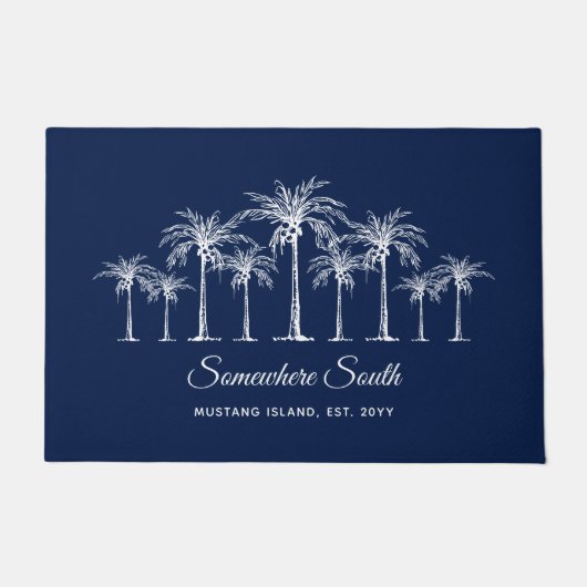 Elegant Blue White Palm Trees Personalized Fußmatte (Vorderseite)