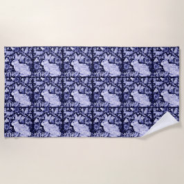 Elegant Blue White Rabbit Bunnt Bird Floral Delft Strandtuch