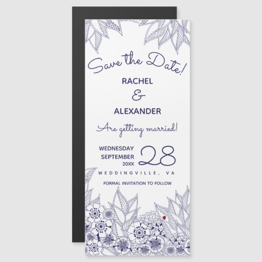 Elegant Blue White Save the Date Magneteinladung (Vorne/Hinten)