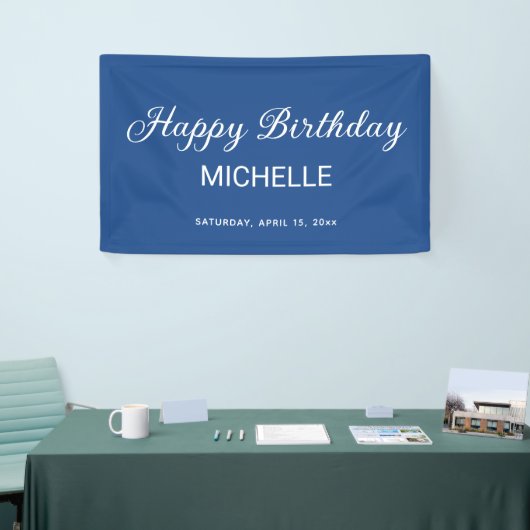 Elegant Blue White Script Happy Birthday Banner (Messeveranstaltung)
