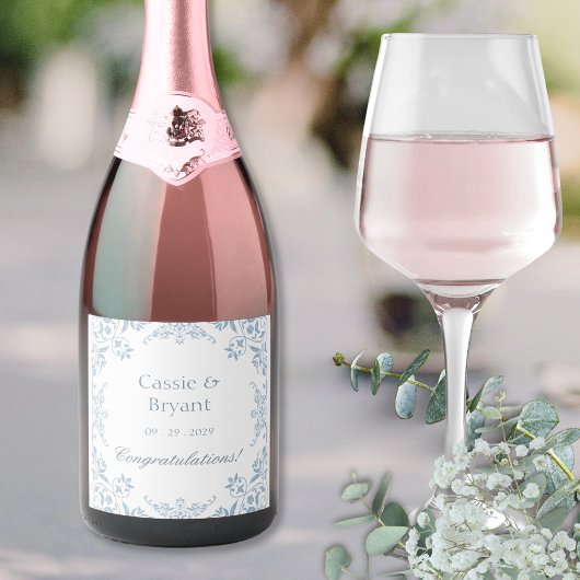 Elegant Blue & White stilvoller Brautsekt Schaumweinetikett