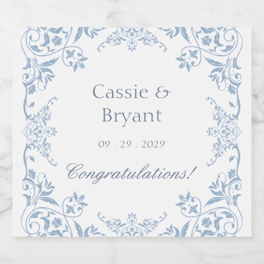 Elegant Blue & White stilvoller Brautsekt Schaumweinetikett (Einzelnes Label)