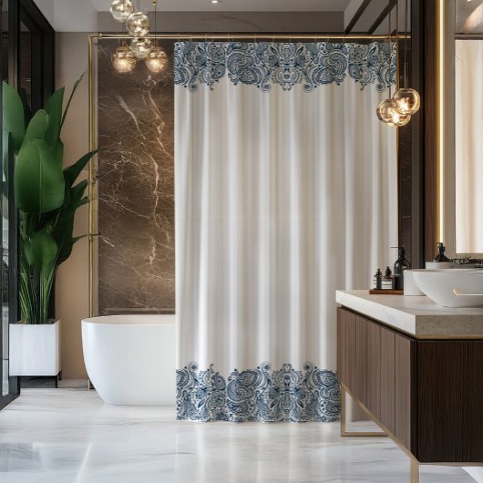 Elegant Blue & White Vintage Paisley Stripe Duschvorhang