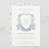 Elegant Blue Wildblume Monogram Wappen Geburtstag Einladung (Vorne/Hinten)