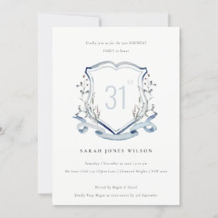 Elegant Blue Wildblume Monogram Wappen Geburtstag Einladung