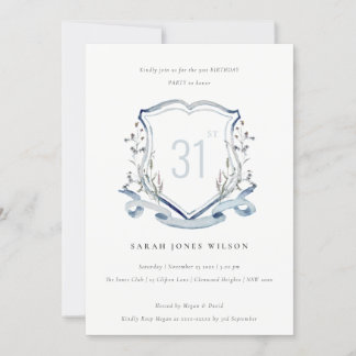 Elegant Blue Wildblume Monogram Wappen Geburtstag Einladung